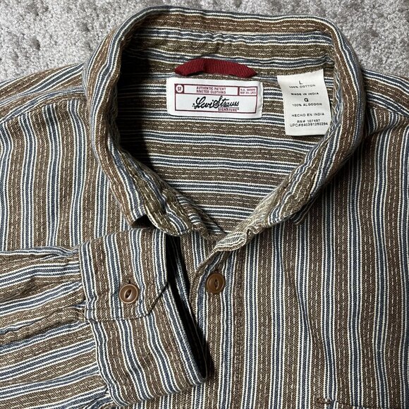 Levis Brown & Blue Striped Button-Up Shirt L 100% Cotton Mens Western Workwear - Picture 1 of 8